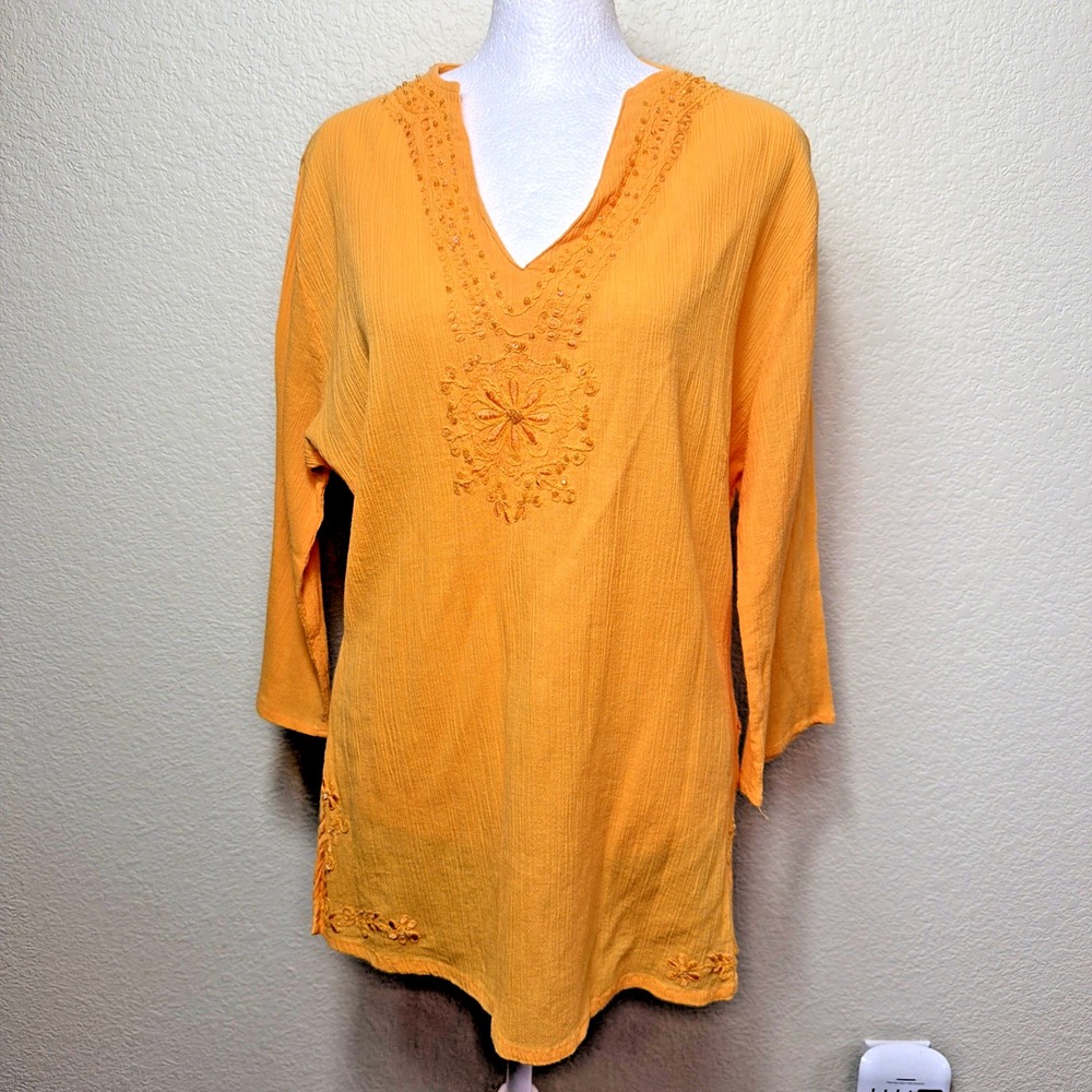 Caren Sport Womens 1X Tunic Top Cotton Orange Boho Peasant Embroidered Festival